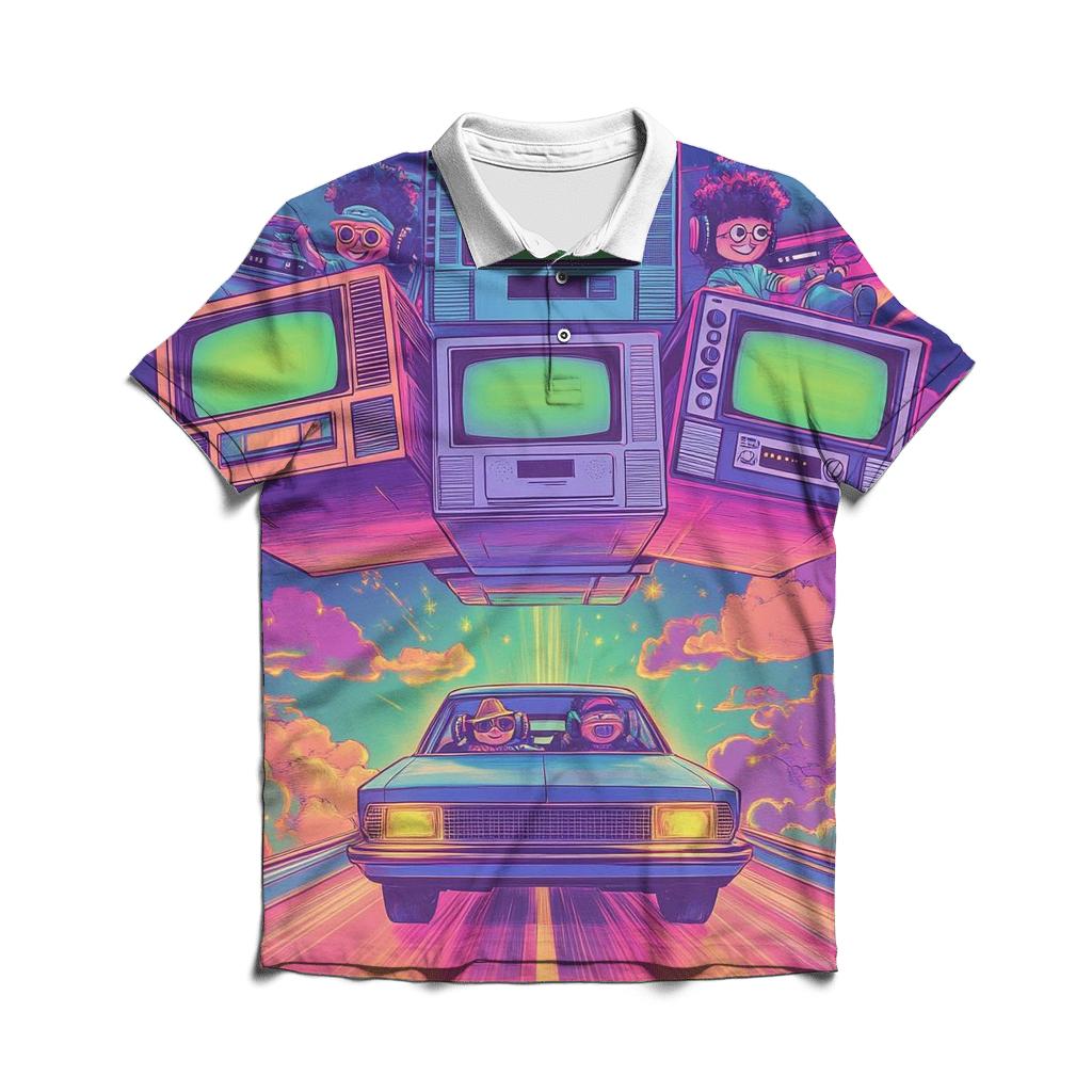 Time Traveling TV Head Road Trip casual sports polo shirts