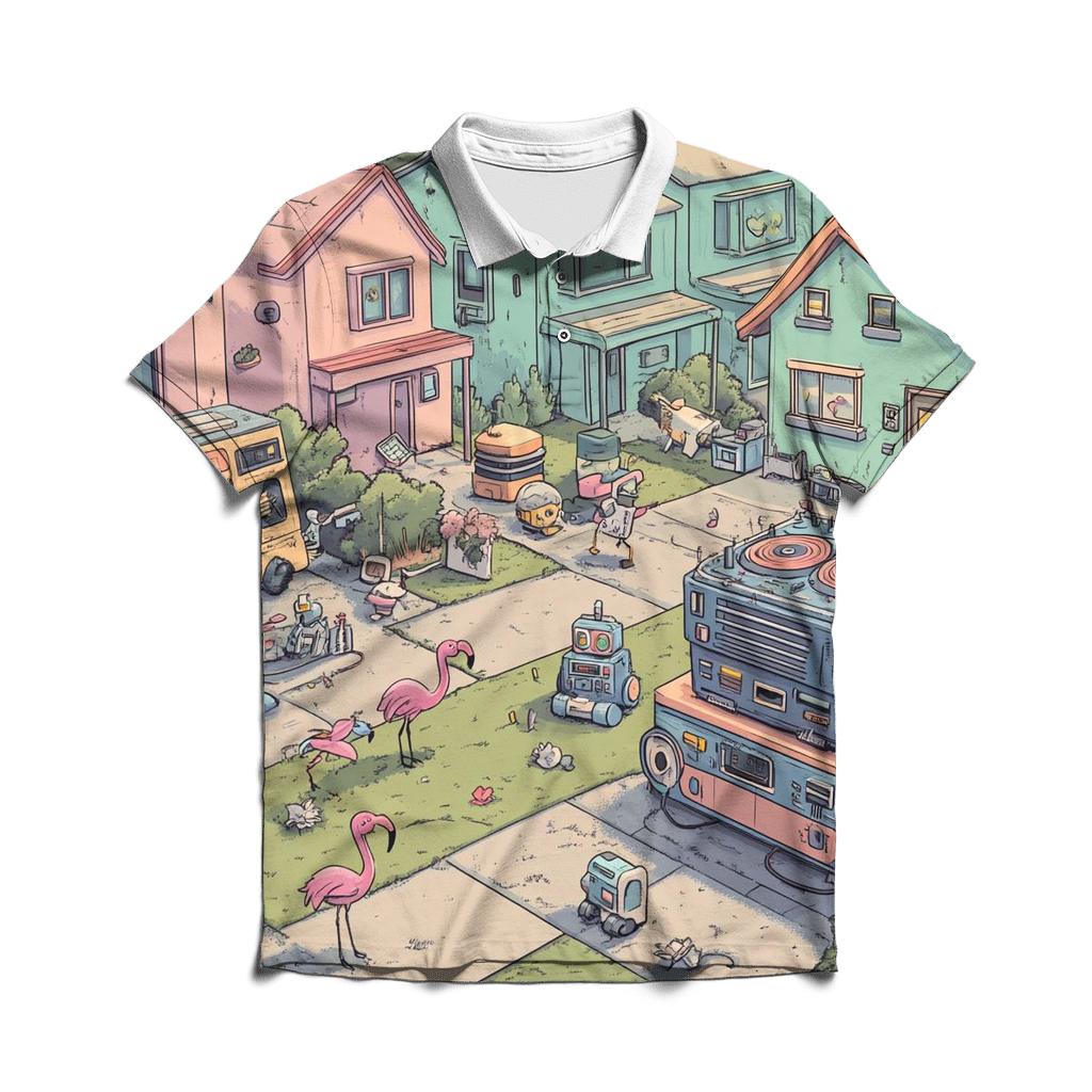 Suburban Robot Yard Sale Mayhem stylish collar polo tees