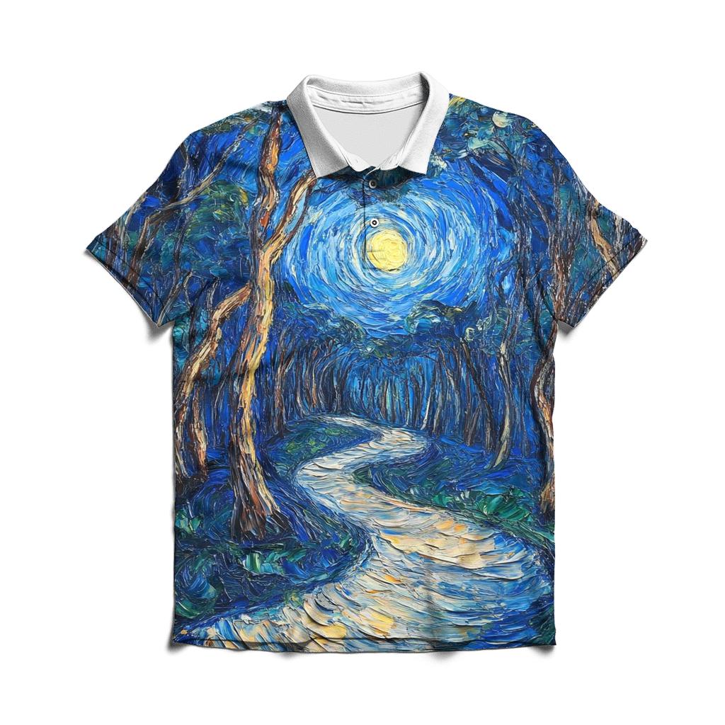 Van Gogh Inspired Starry Forest Path embroidered polo tops