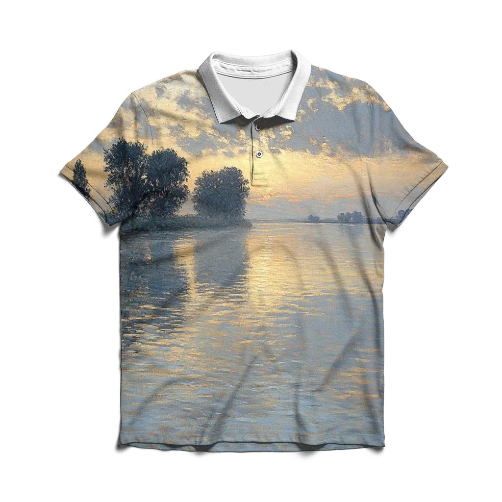 Monet Inspired Misty River Sunrise stylish collar polo tees