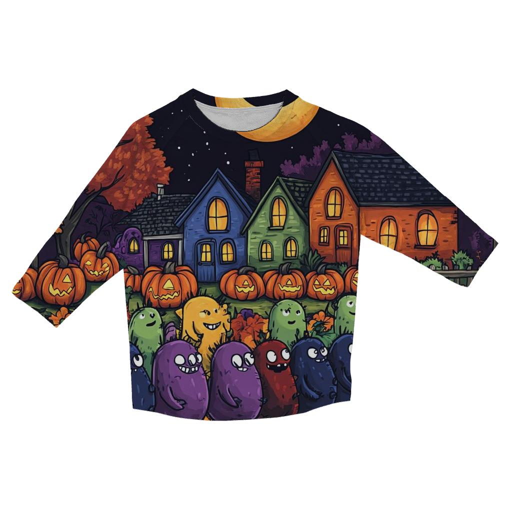 Halloween Parade Of Friendly Moonlit Monsters casual three quarter sleeve shirts