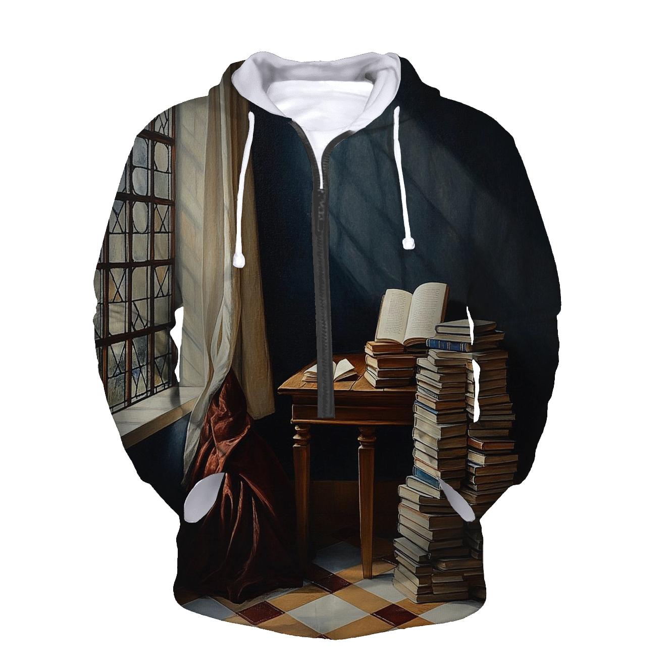 Vermeer Inspired Quiet Library Corner embroidered hoodies