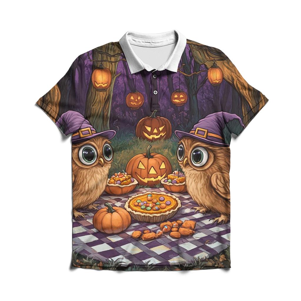 Forest Picnic With Halloween Owls designer slim fit polos