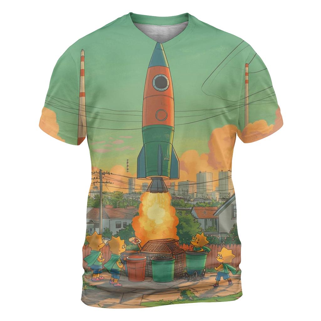 Suburban Backyard Space Mission artistic all-over print tops