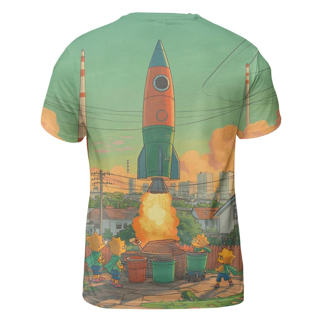 Suburban Backyard Space Mission artistic all-over print tops