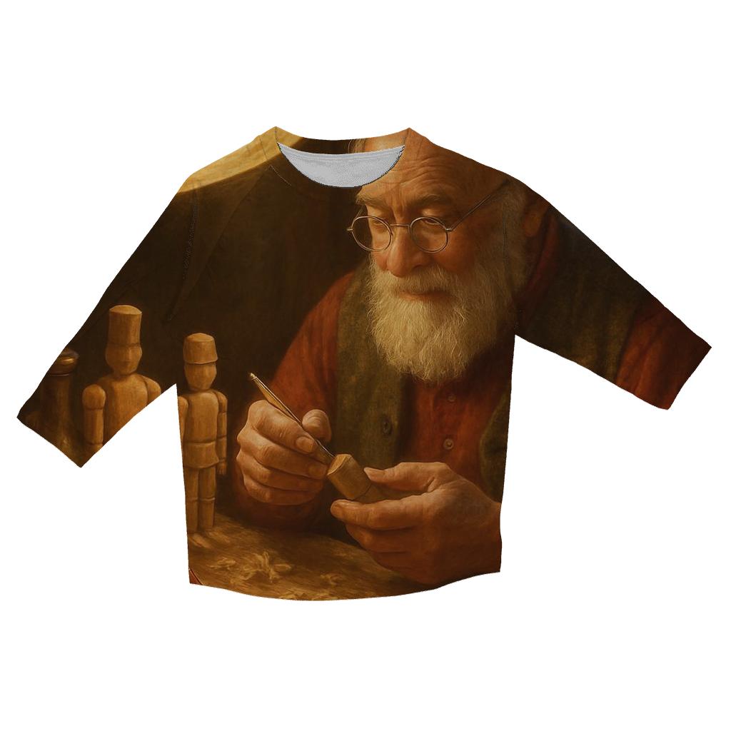 The Old Wooden Toymakers Christmas Bench printed three quarter sleeve shirts