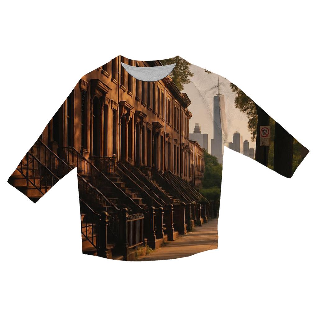 Brooklyn Brownstone Block With Distant Skyline Glimpses casual three quarter sleeve shirts