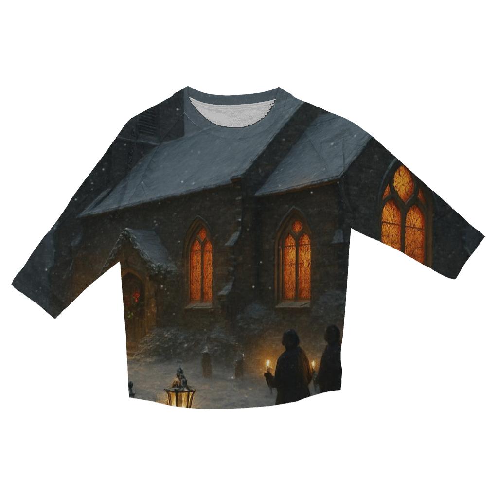 Christmas Eve Churchyard Under Falling Snow stylish quarter sleeve tops