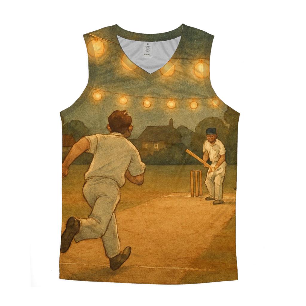 Nighttime Cricket Under Lanterns personalized athletic tanks