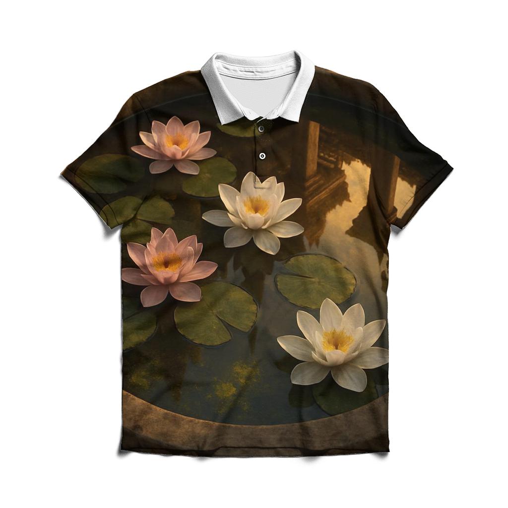 Water Lilies In Reflected Temple Courtyard personalized polo shirts