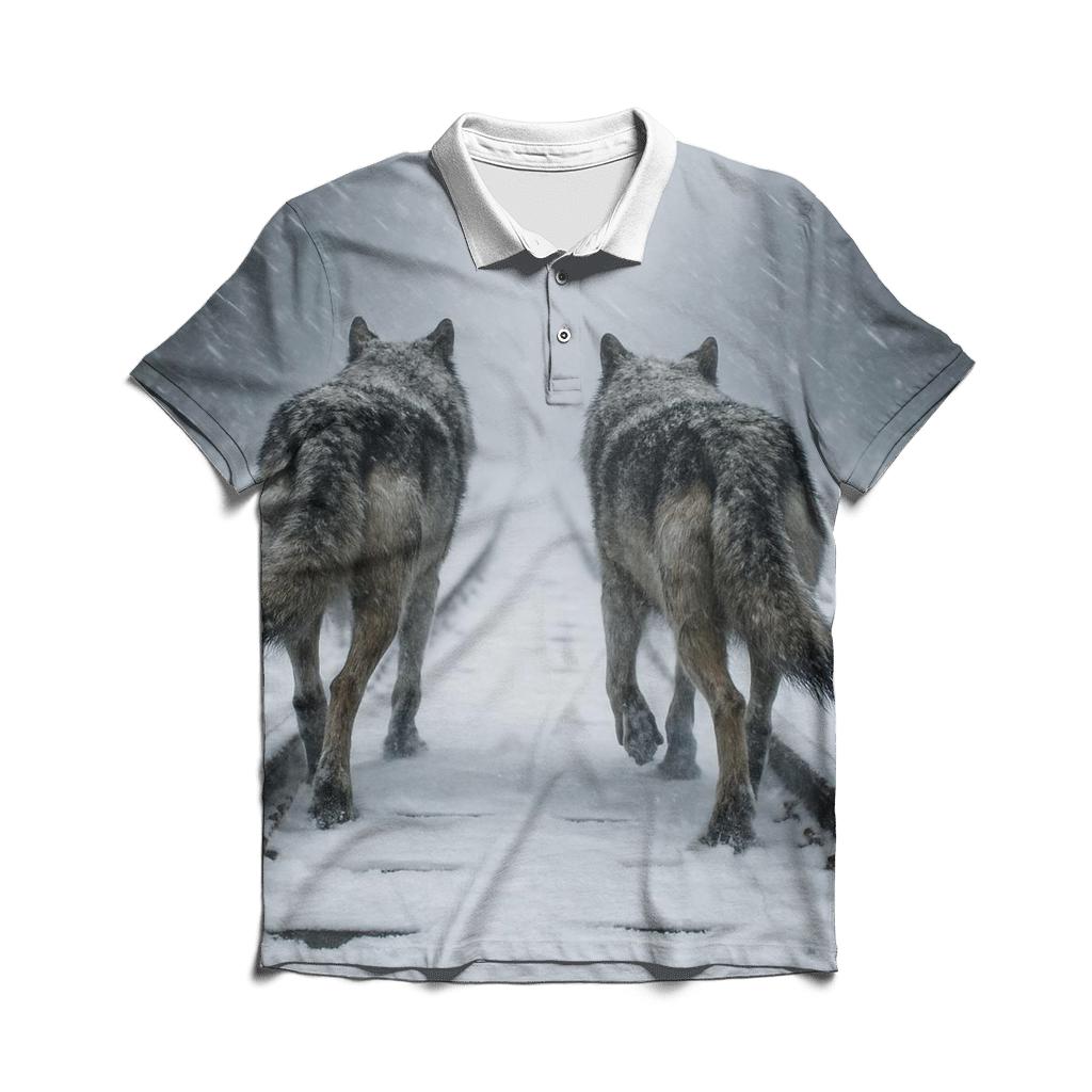 Railway Snowstorm Wolf Pair branded logo polo shirts