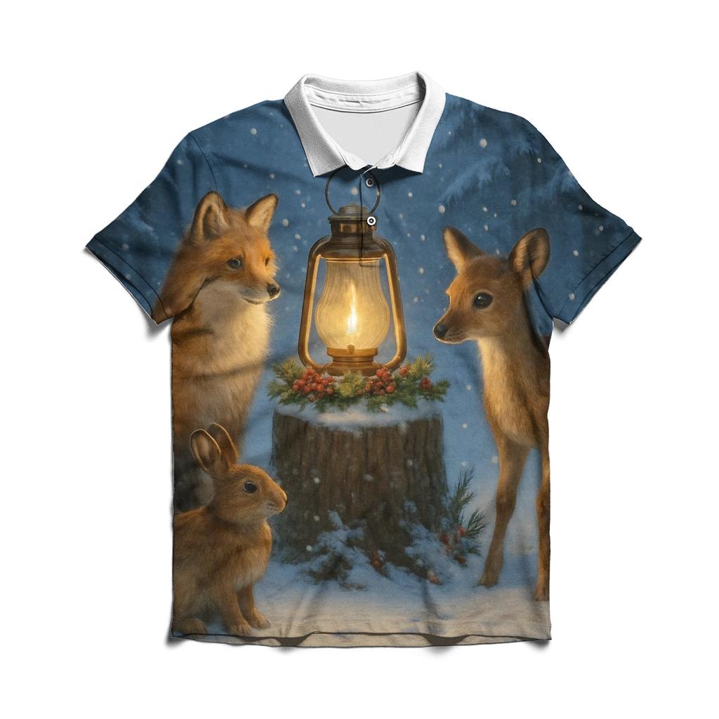 Woodland Animals Around The Christmas Lantern personalized polo shirts