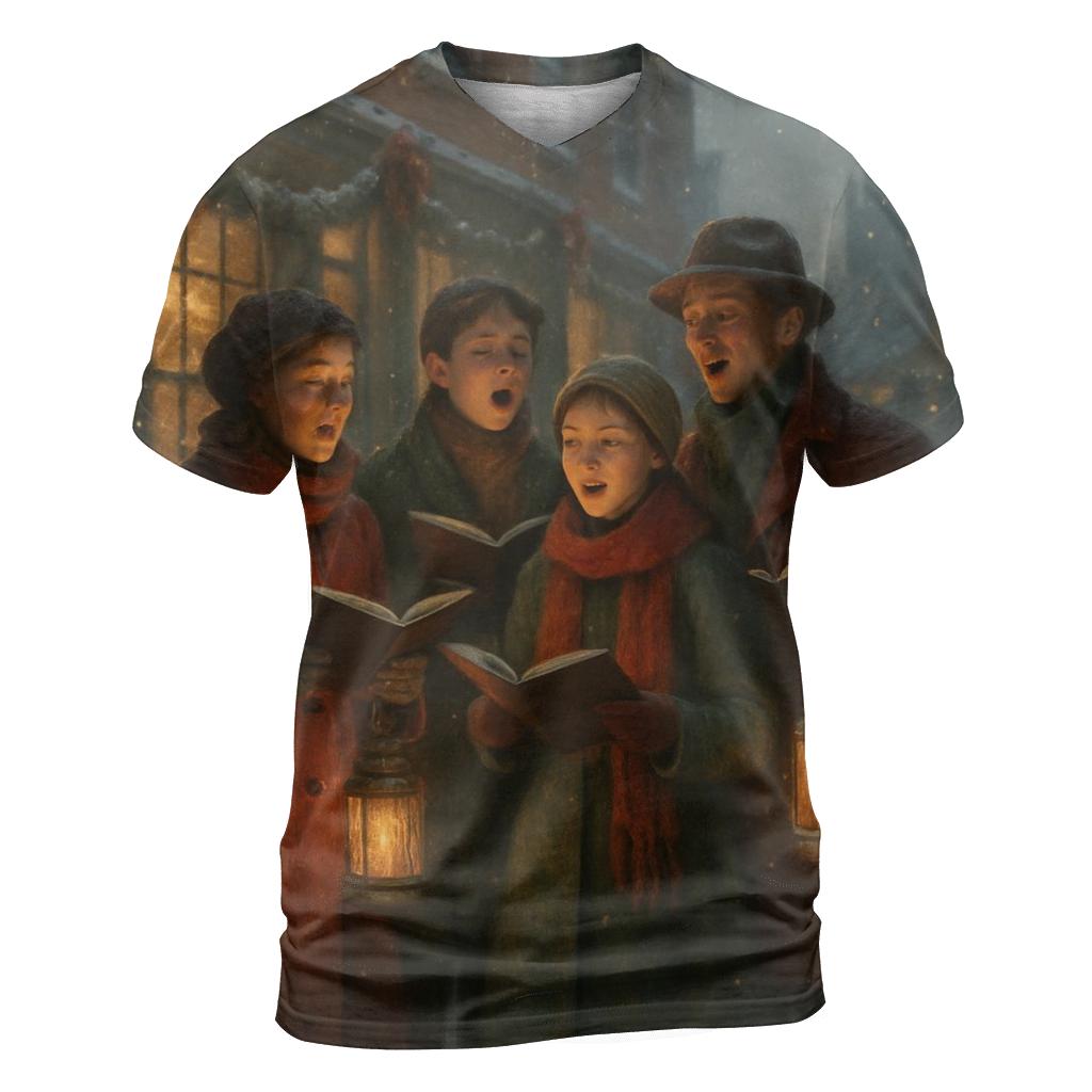 Candlelit Carolers On The Snowy Corner trendy printed shirt styles
