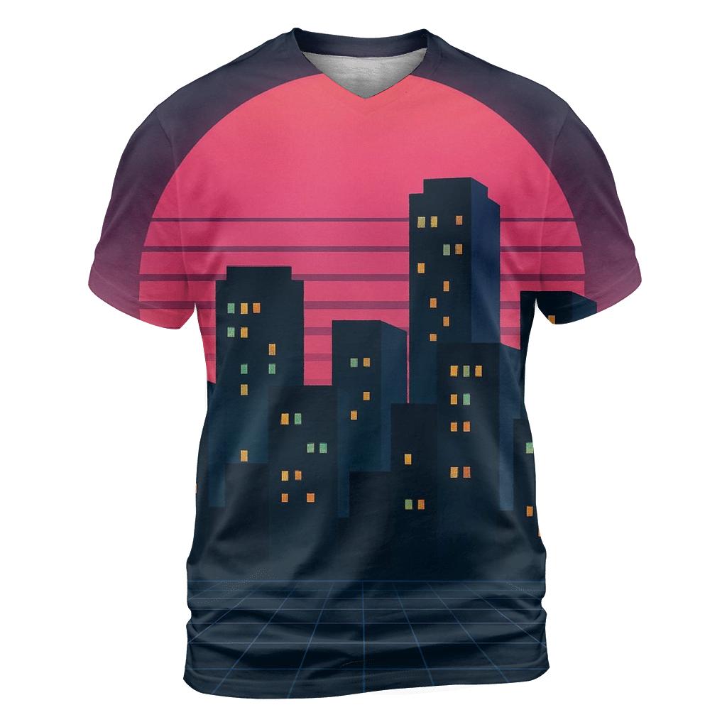 Midnight Synth Skyline vibrant all-over design tees