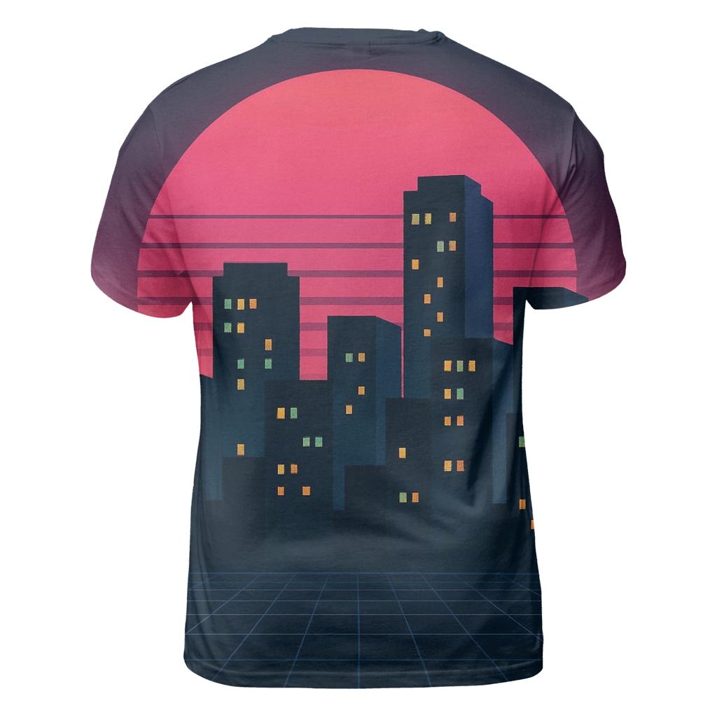 Midnight Synth Skyline vibrant all-over design tees