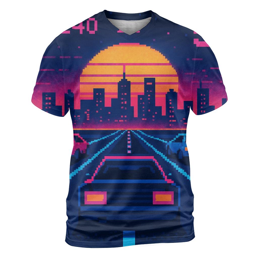 Retro Pixel City Racer vibrant all-over design tees