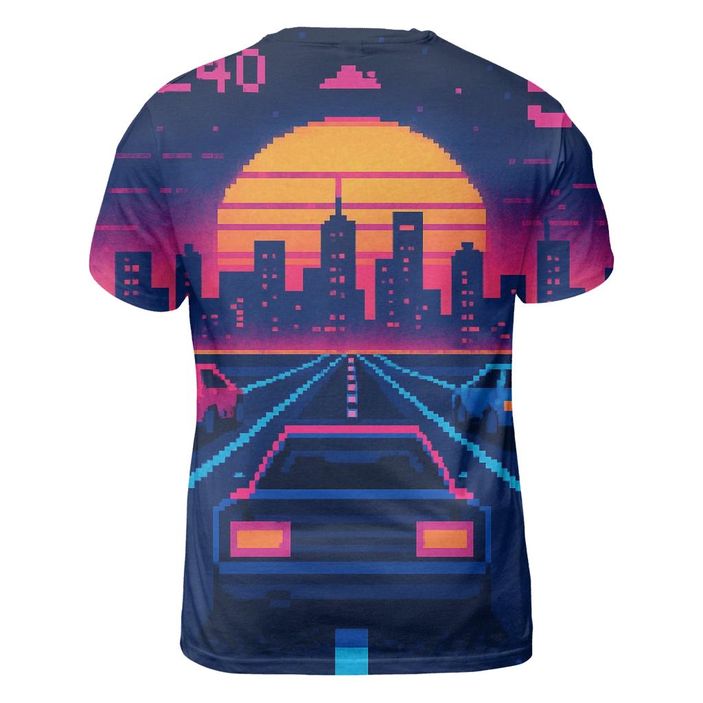 Retro Pixel City Racer vibrant all-over design tees