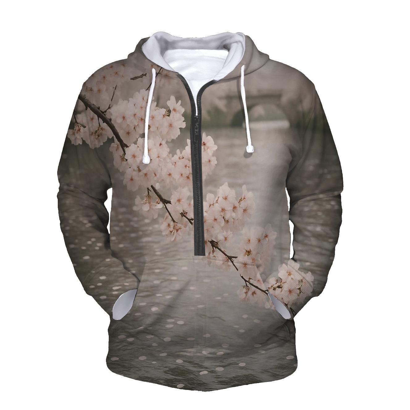Cherry Blossoms Over Quiet Riverbank pullover hoodies