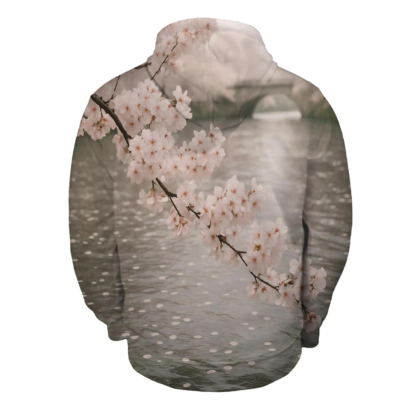 Cherry Blossoms Over Quiet Riverbank pullover hoodies