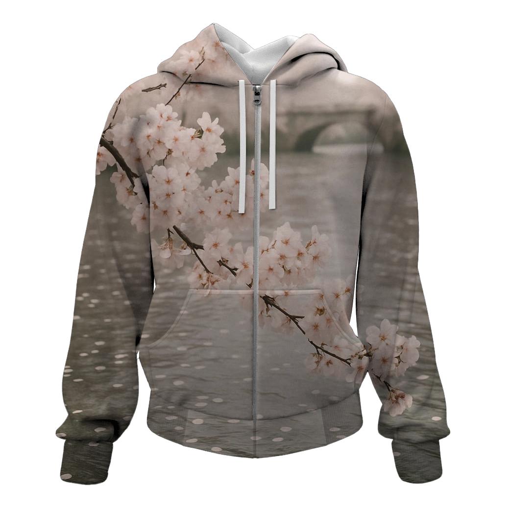 Cherry Blossoms Over Quiet Riverbank embroidered hoodies