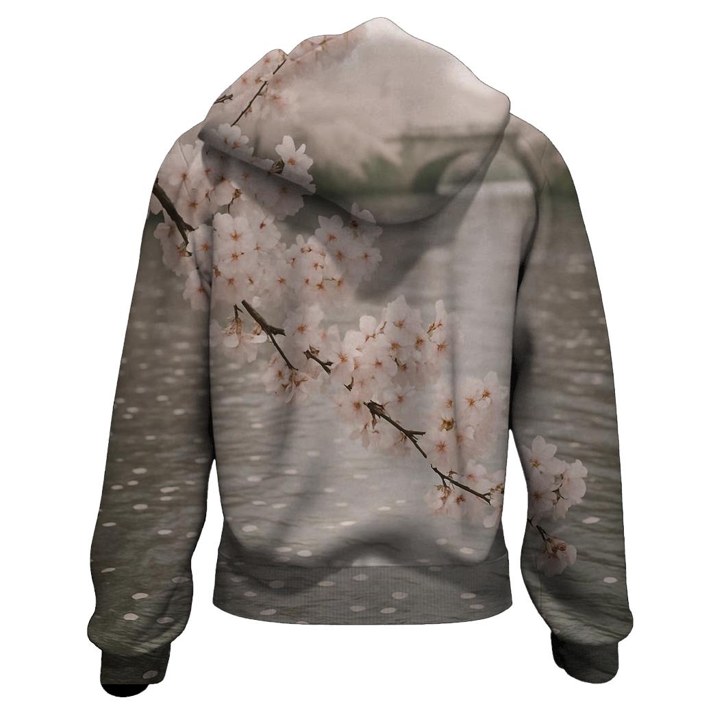Cherry Blossoms Over Quiet Riverbank embroidered hoodies