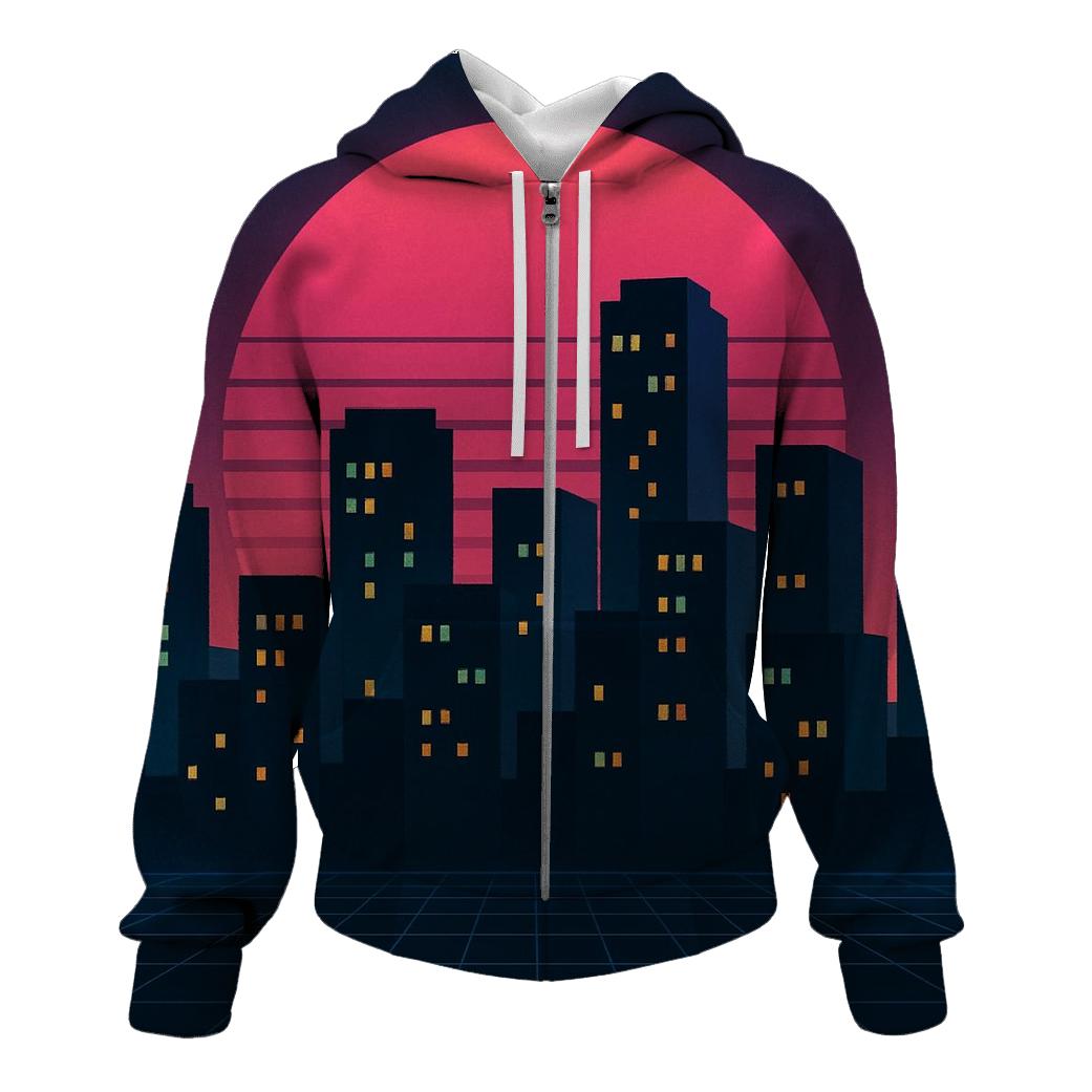 Midnight Synth Skyline printed hoodies