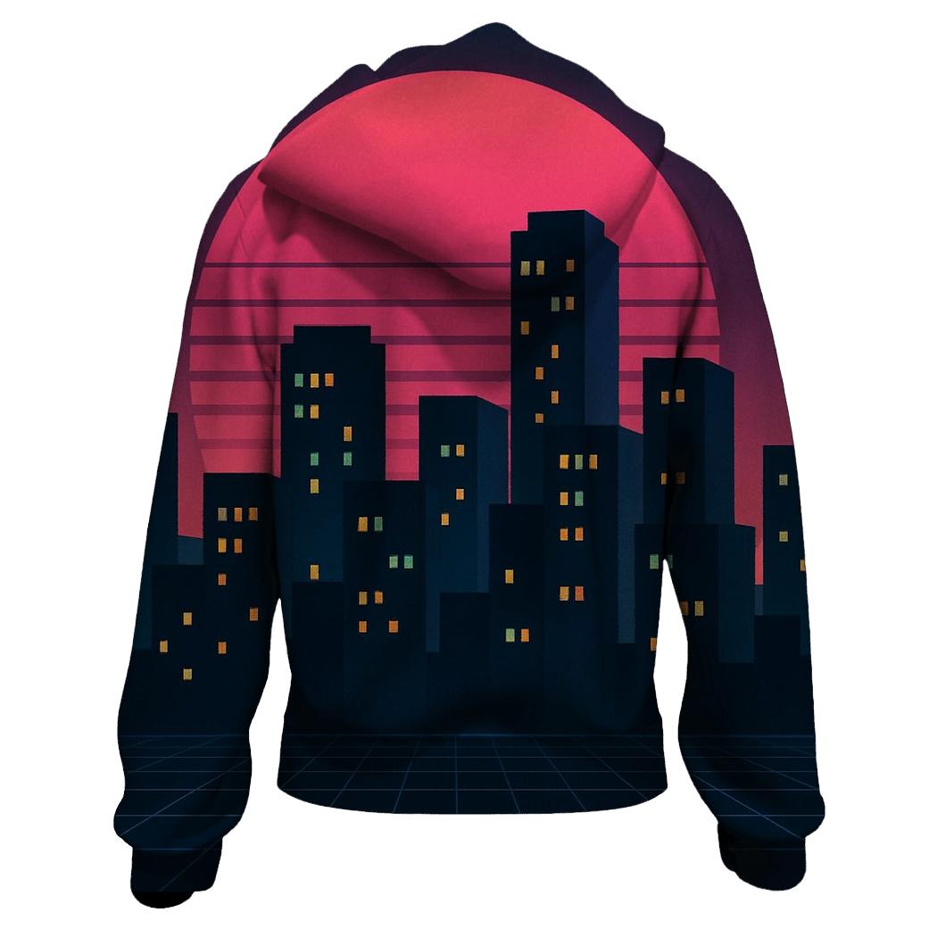 Midnight Synth Skyline printed hoodies