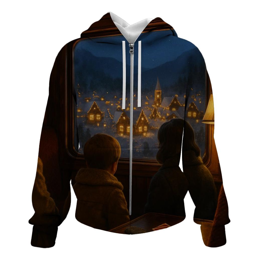 Snowy Train Ride To The Christmas Village printed hoodies