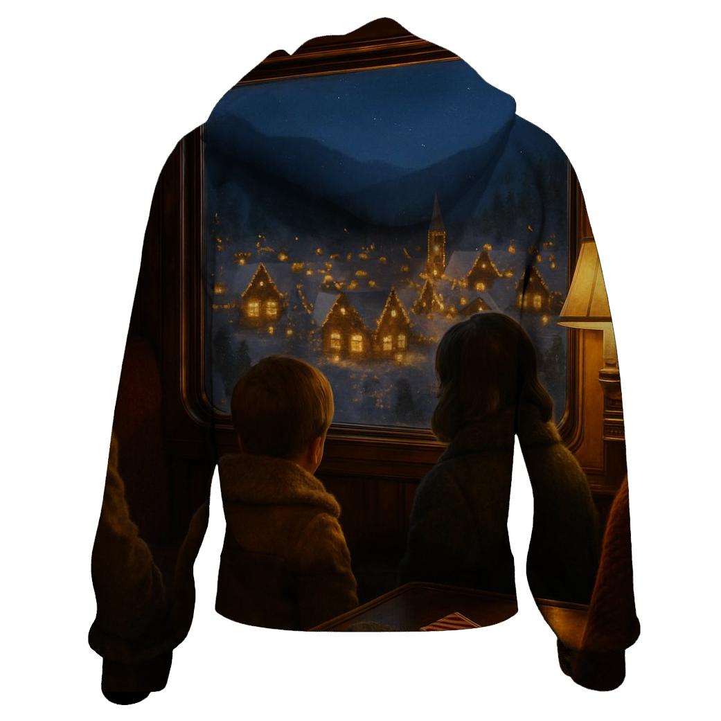 Snowy Train Ride To The Christmas Village printed hoodies