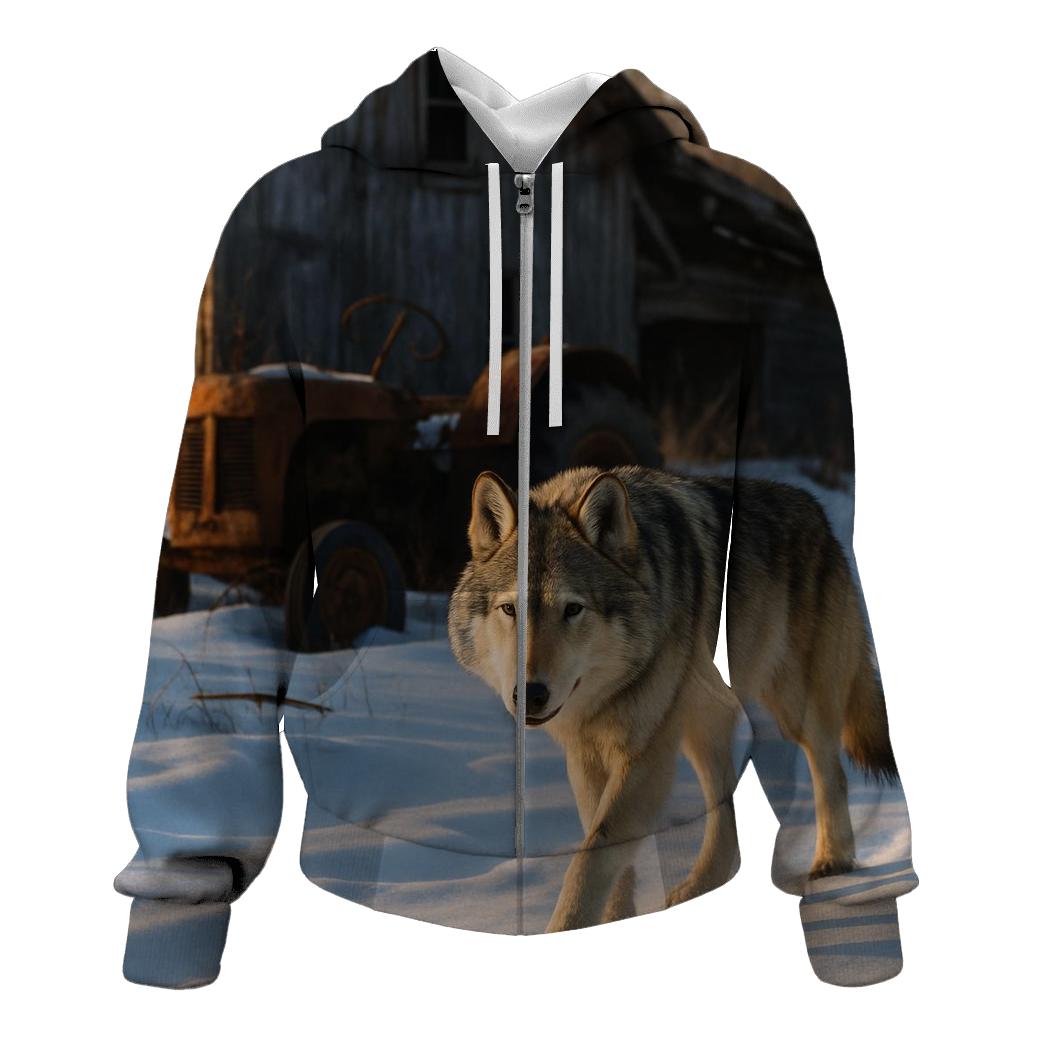 Abandoned Farmyard Winter Wolf zip-up hoodies