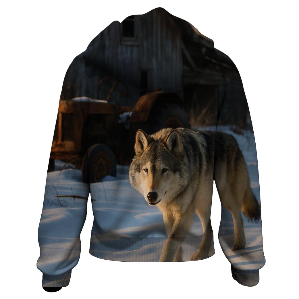 Abandoned Farmyard Winter Wolf zip-up hoodies