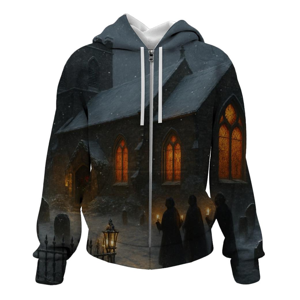 Christmas Eve Churchyard Under Falling Snow zip-up hoodies