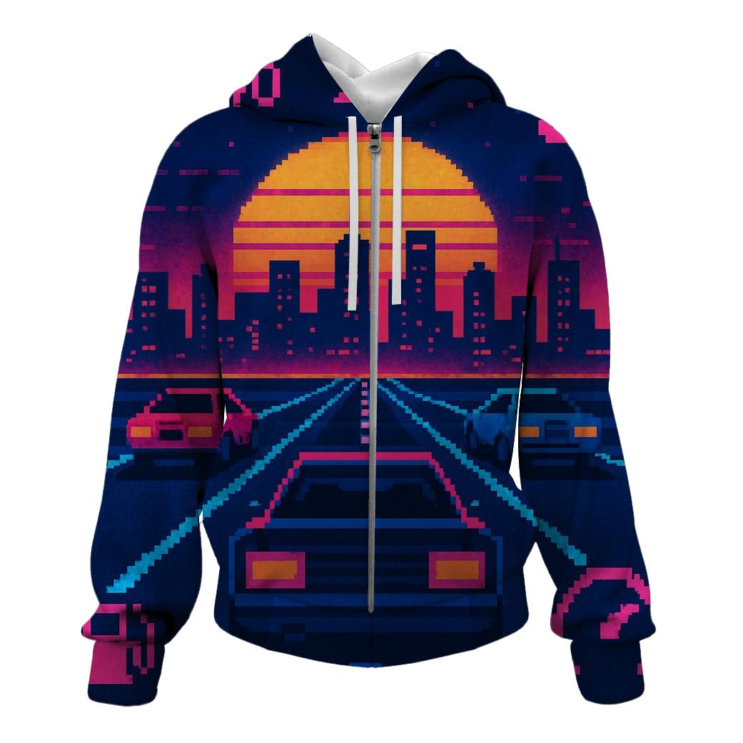 Retro Pixel City Racer embroidered hoodies