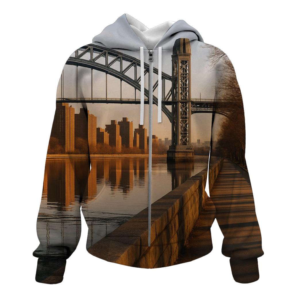 Harlem River Sunset Framing Uptown Towers premium hoodies