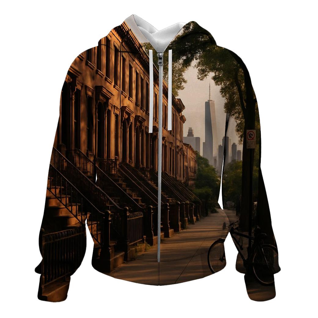 Brooklyn Brownstone Block With Distant Skyline Glimpses graphic hoodies