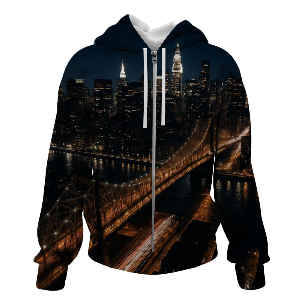 Nighttime Aerial Over Queensboro Bridge And Midtown Grid printed hoodies