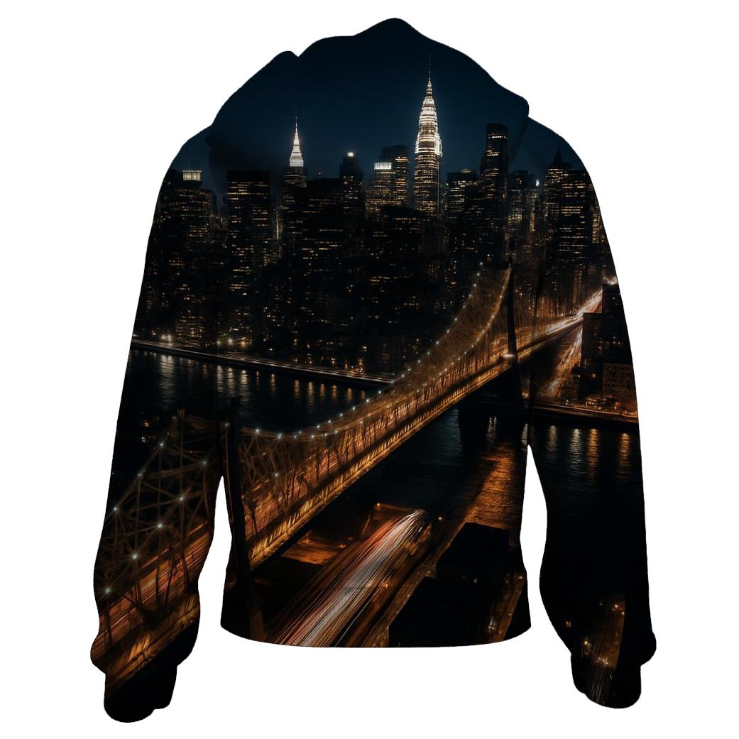 Nighttime Aerial Over Queensboro Bridge And Midtown Grid printed hoodies
