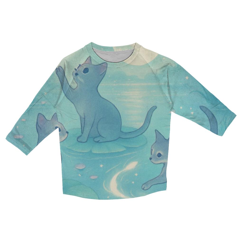 Moonlit Lotus Pond Kittens printed three quarter sleeve shirts