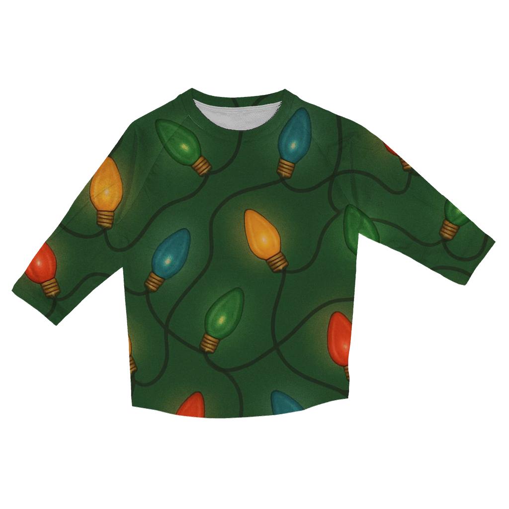 Christmas Light Bulb Scatter On Pine Green printed three quarter sleeve shirts