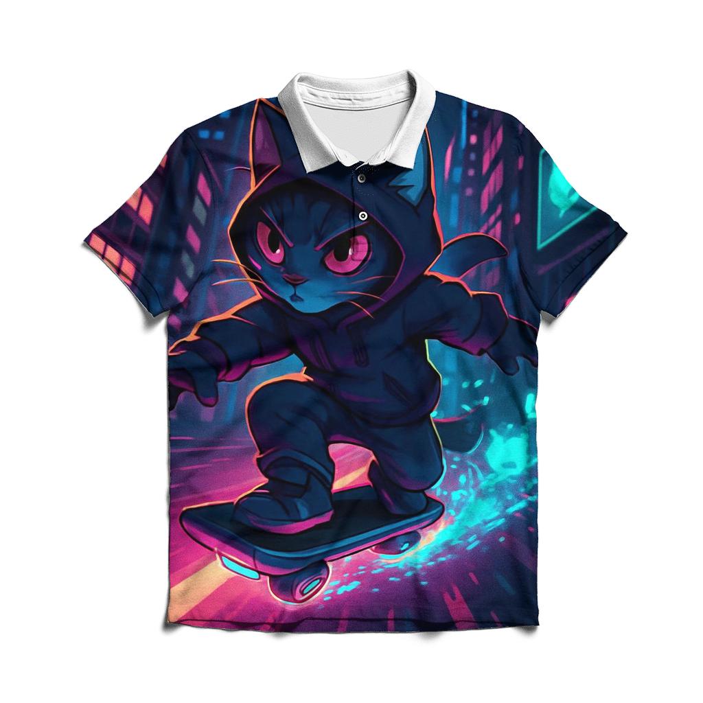 Cyber Skater Neon Cat embroidered polo tops