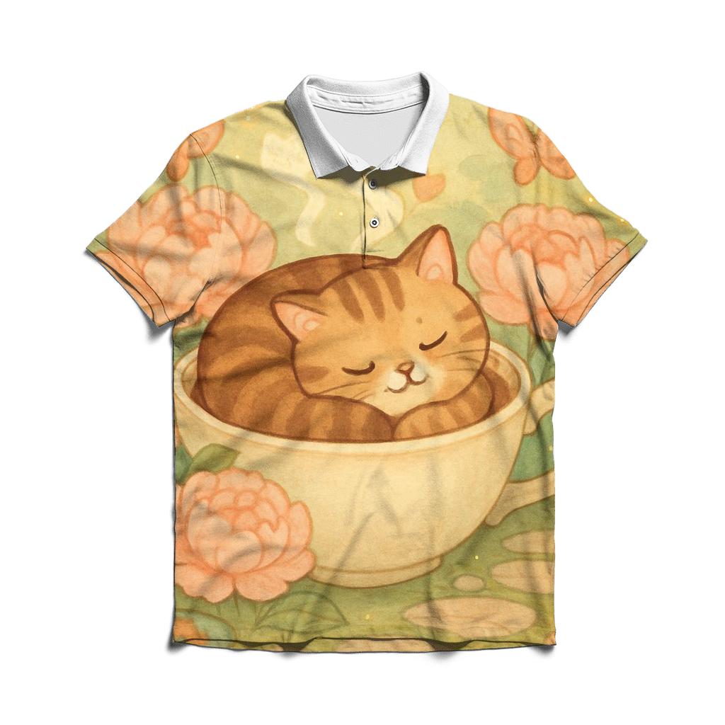 Tea Garden Nap Cat premium cotton polo shirts