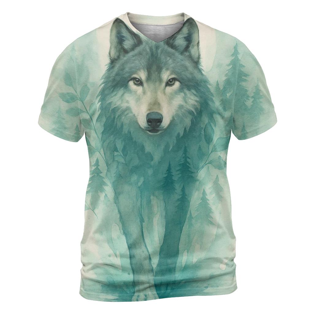 Forest Spirit Watercolor Wolf vibrant all-over design tees