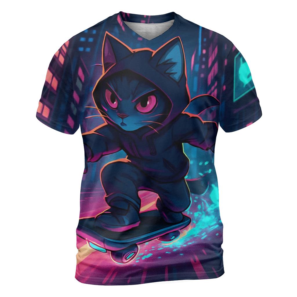 Cyber Skater Neon Cat artistic all-over print tops