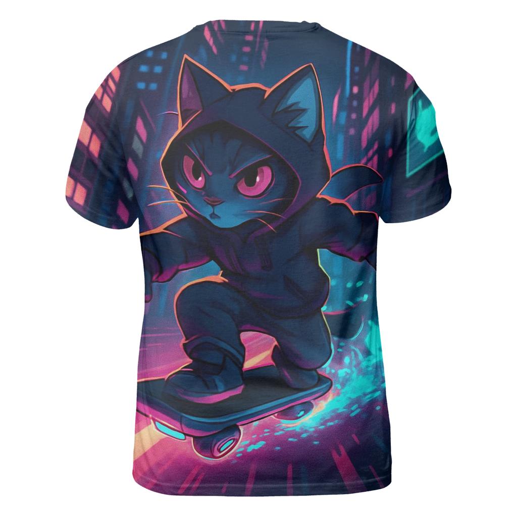 Cyber Skater Neon Cat artistic all-over print tops
