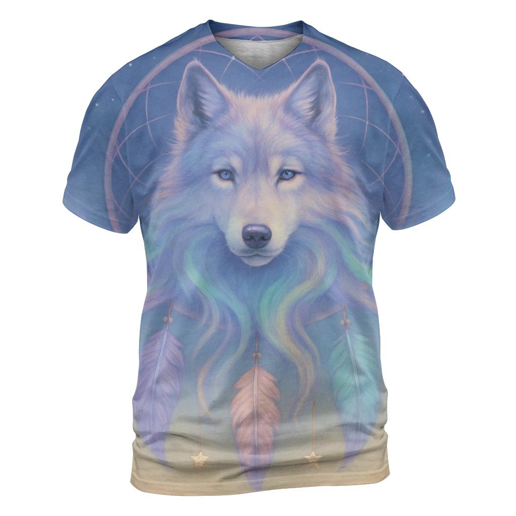 Dreamcatcher Aurora Wolf vibrant all-over design tees