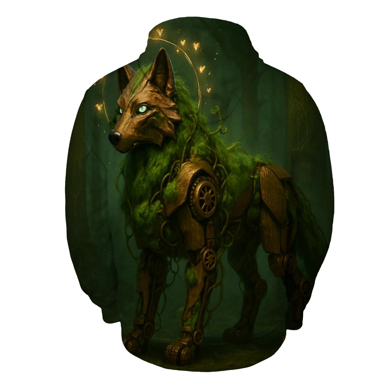 Mechanical Forest Sentinel Wolf embroidered hoodies