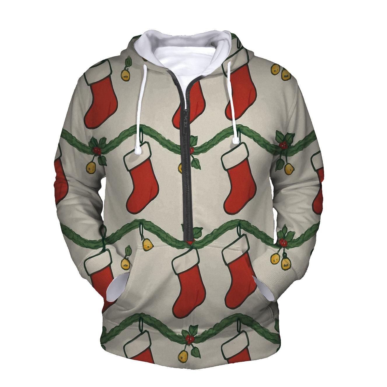Red Stockings Garland Wave On Soft Gray embroidered hoodies