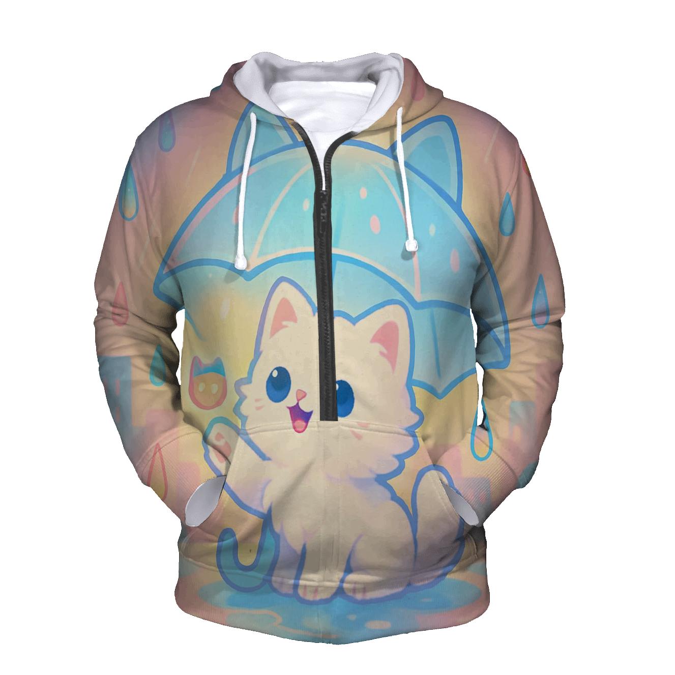 Rainbow Raindrop Umbrella Cat printed hoodies