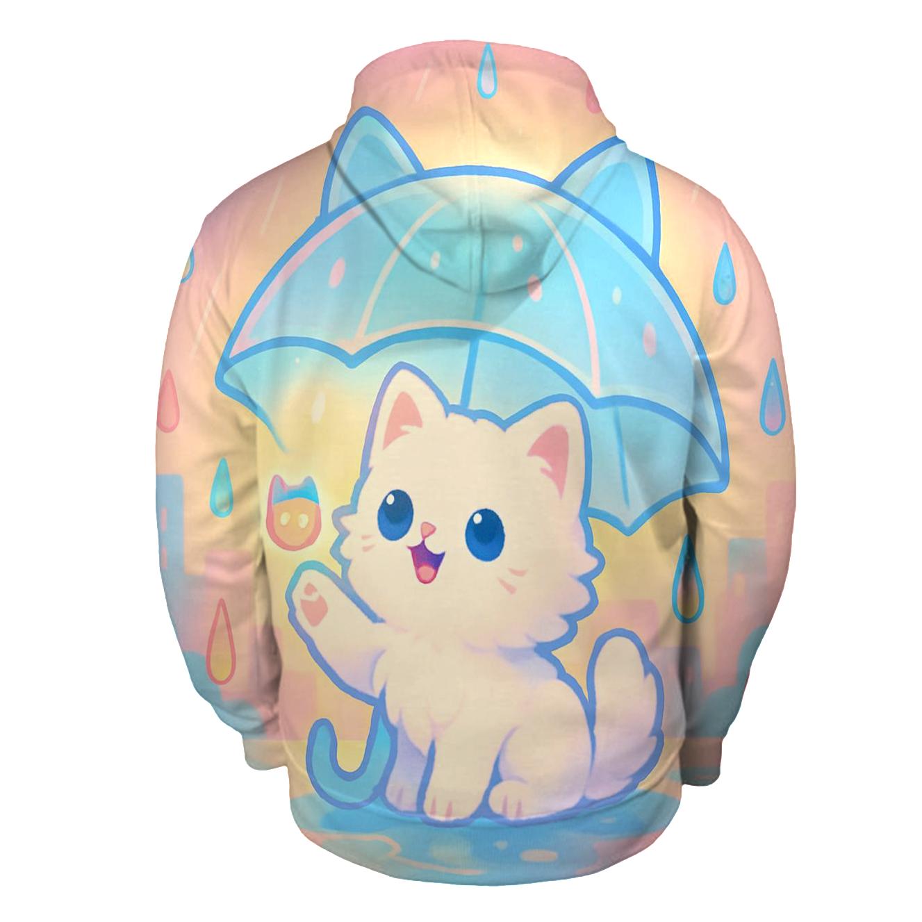 Rainbow Raindrop Umbrella Cat printed hoodies
