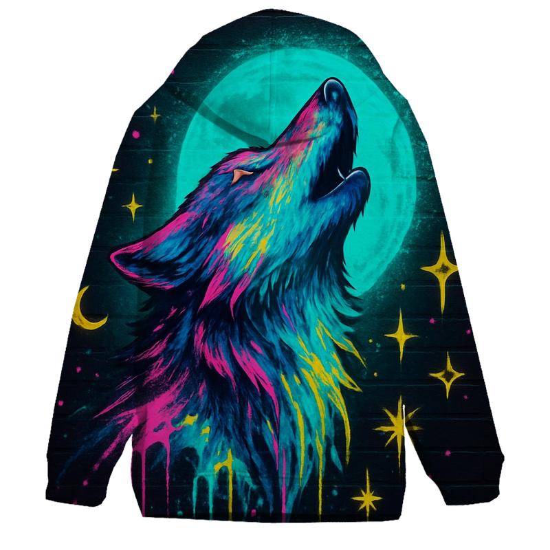 Neon Graffiti Moon Wolf designer hoodies